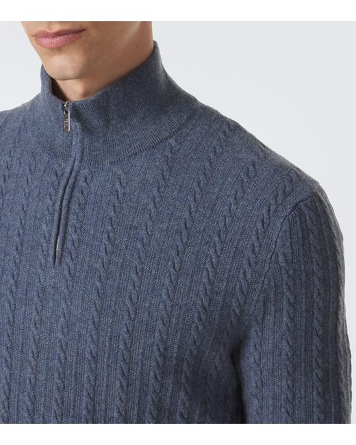 Fedeli Blue Cable-Knit Cashmere Half-Zip Sweater for men