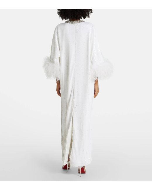 Self-Portrait White Feather-trimmed Embellished Maxi Dress