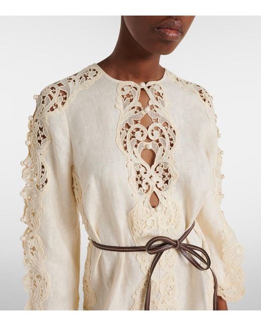 Zimmermann Natural Awaken Belted Embroidered Linen Minidress