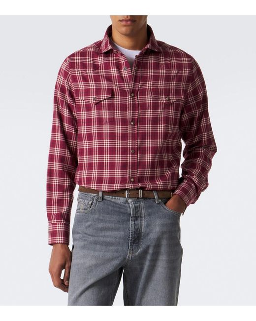 Brunello Cucinelli Red Checked Cotton-Blend Flannel Shirt for men