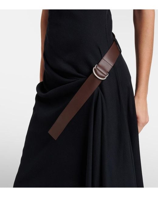 Loewe Black Belted Ribbed-Knit Draped Cotton-Blend Midi Dress