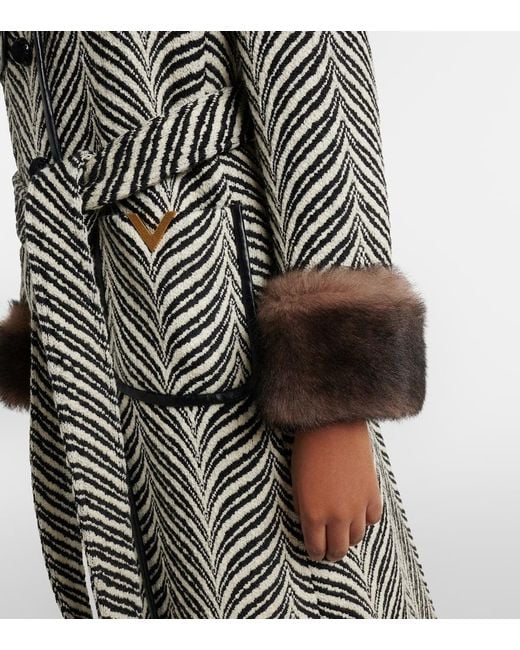 Valentino Gray Vgold Shearling-Trimmed Wool-Blend Coat