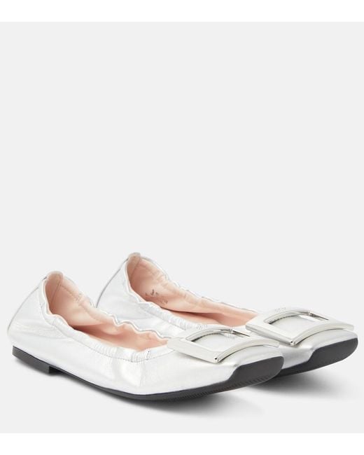 Roger Vivier White Viv' Pockette Metallic Leather Ballet Flats