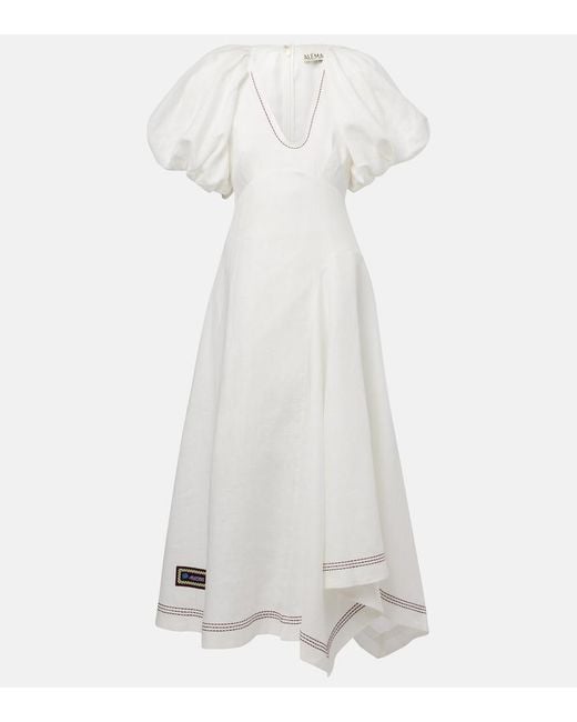 ALÉMAIS White Magnolia Embroidered Linen Midi Dress