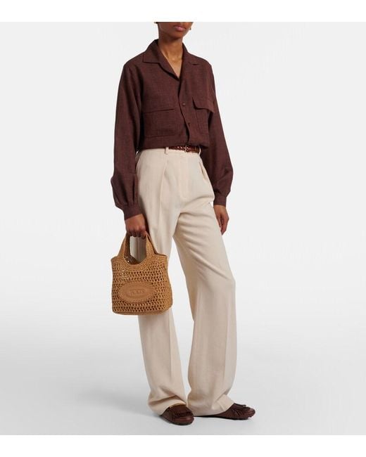 Tod's Brown Logo Leather-Trimmed Raffia Top-Handle Bag