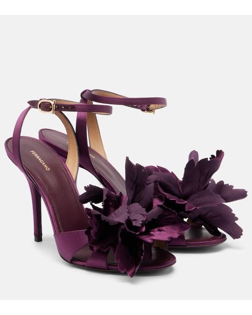 Ferragamo Purple Ghilly 95 Floral-Applique Satin Sandals
