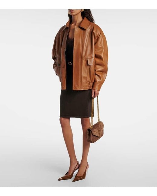 Chaqueta Bomber Oversized De Piel Saint Laurent de color Brown