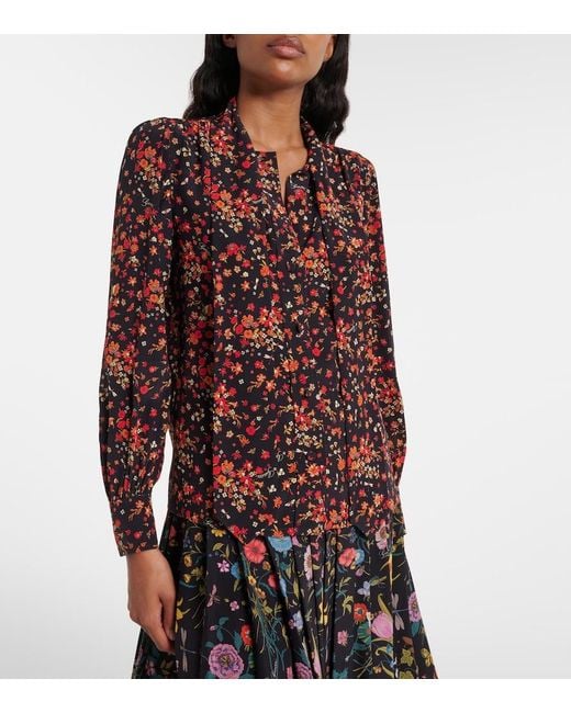 Gucci Red Bow-Detail Floral Silk Blouse