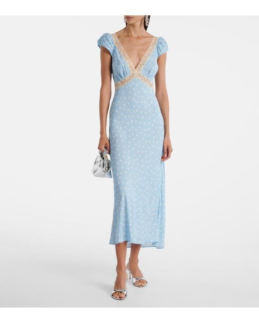 Rixo Blue Iggy Lace-Trimmed Polka-Dot Midi Dress