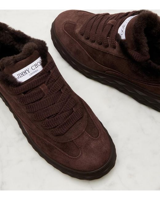 Jimmy Choo Brown Diamond Maxi Shearling-Trimmed Suede Sneakers