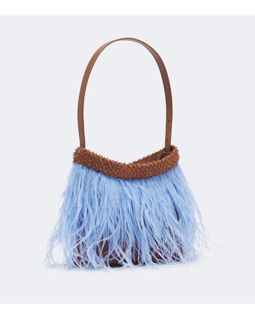 Staud Blue Winslow Feather-Trimmed Shoulder Bag