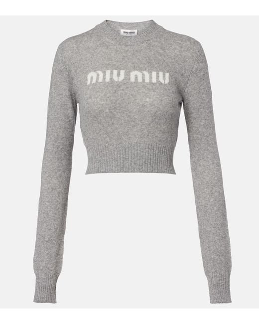 Miu Miu Gray Logo Cropped Wool And Cashmere Sweater