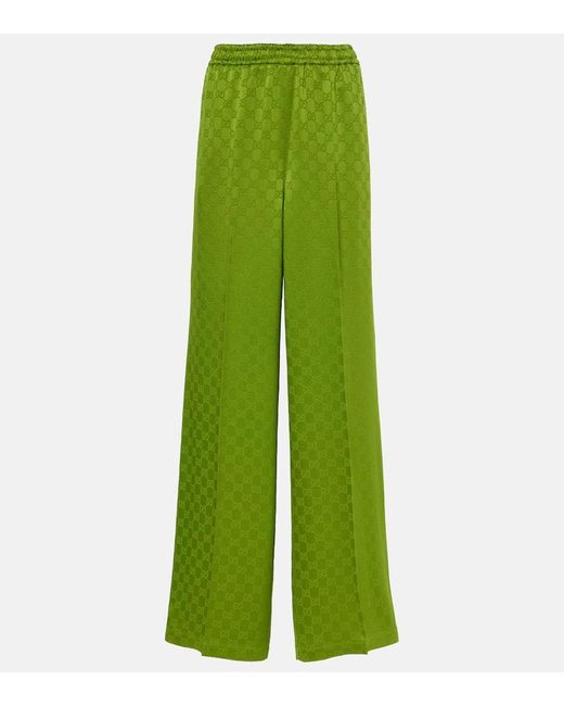 Gucci Green Gg Satin Jacquard Wide-Leg Pants