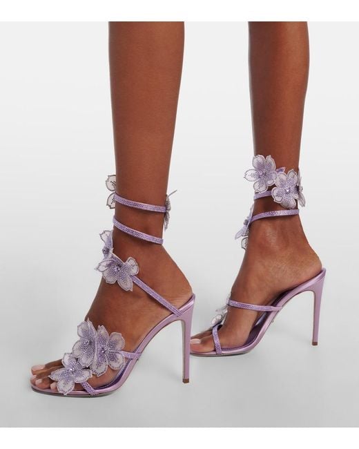 Rene Caovilla Purple Floriane Floral-Applique Satin Sandals