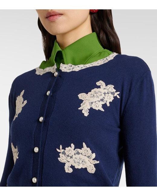 Valentino Blue Lace-Trimmed Virgin Wool Cardigan