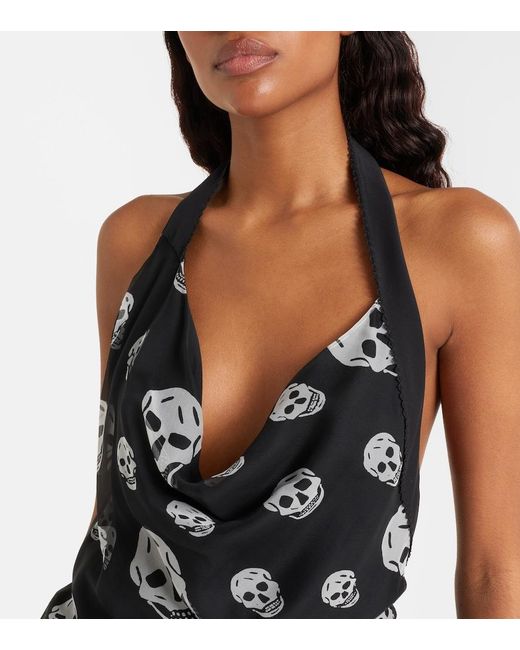 McQueen Black Skull Asymmetric Halterneck Chiffon Top