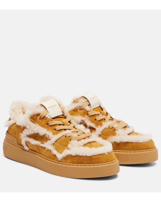 Balmain Metallic Shearling-Trimmed Suede Sneakers