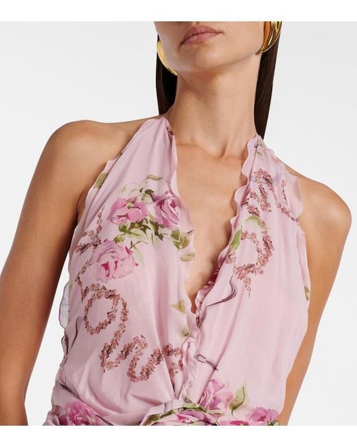 Blumarine Pink Floral Ruffled Georgette Maxi Dress