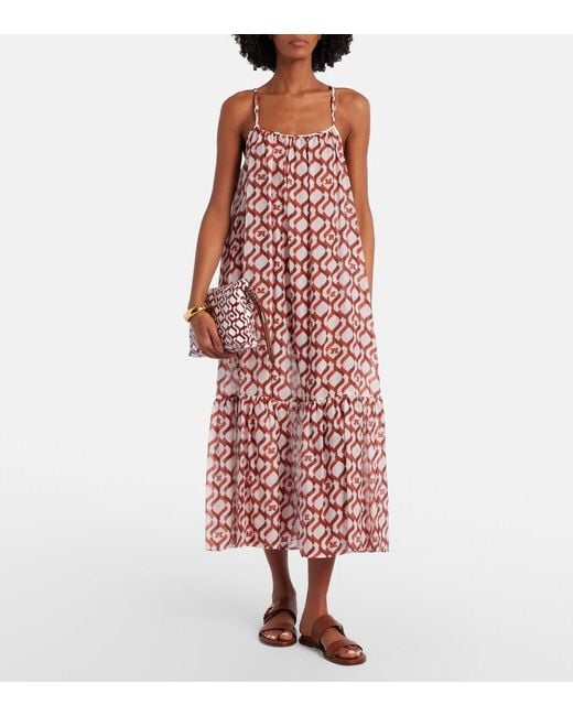 Max Mara Red Alisso Printed Cotton And Silk Midi Dress