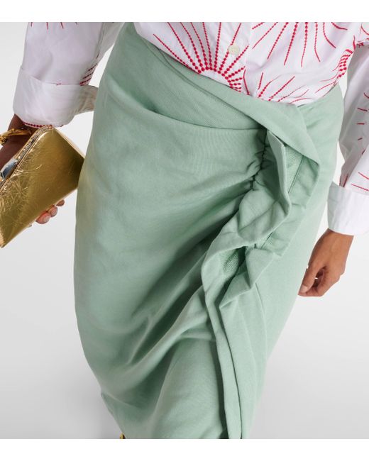 Dries Van Noten Green Gathered Cotton Midi Skirt