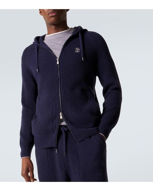 Brunello Cucinelli Blue Ribbed-Knit Cashmere Zip-Up Cardigan for men