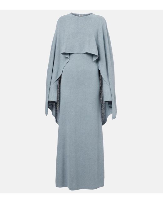 Totême Blue Cape-Detail Silk Boucle Maxi Dress
