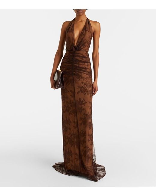 De La Vali Brown Amora Scarf-Detail Ruched Lace Maxi Dress