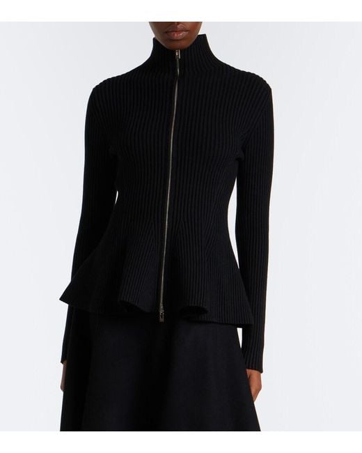 Alaïa Black Peplum Wool-Blend Zip-Up Cardigan