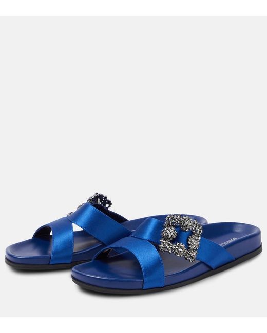 Manolo Blahnik Blue Chilanghi Embellished Satin Sandals