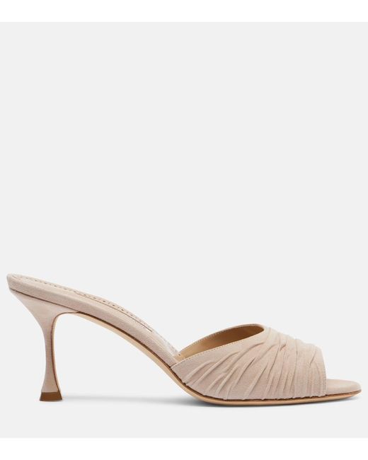 Manolo Blahnik Natural Pirua Gathered Suede Mules