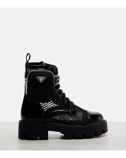 Prada Black Leather-Trimmed Mesh Combat Boots