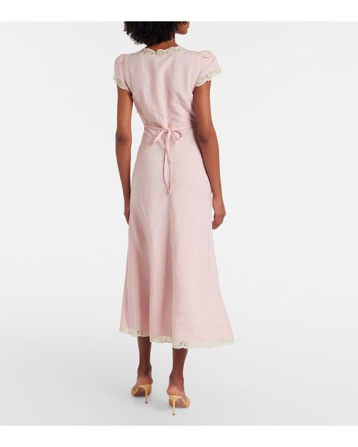 Rixo Pink Clarice Lace-Trimmed Linen-Blend Midi Dress