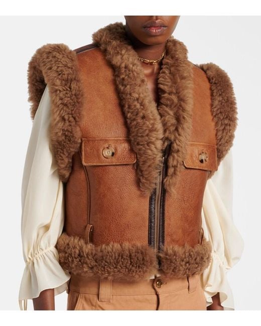 Chloé Brown Shearling-Trimmed Leather Vest