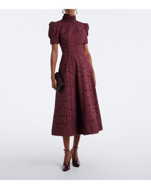 Rebecca Vallance Purple Kitsu Cotton Guipure Lace Midi Dress