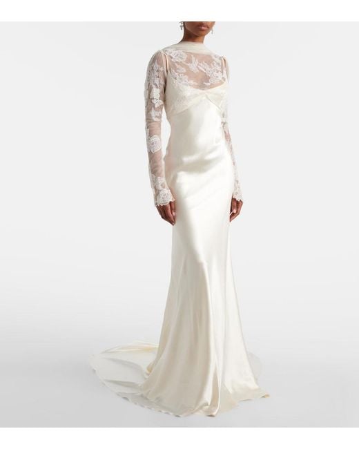 Danielle Frankel White Bridal Esme Lace-Trimmed Silk And Wool Gown