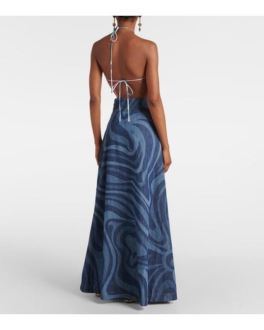 Emilio Pucci Blue Marmo High-Rise Denim Maxi Skirt