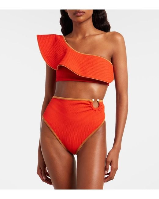 Johanna Ortiz Red One-Shoulder Ruffled Bikini Top
