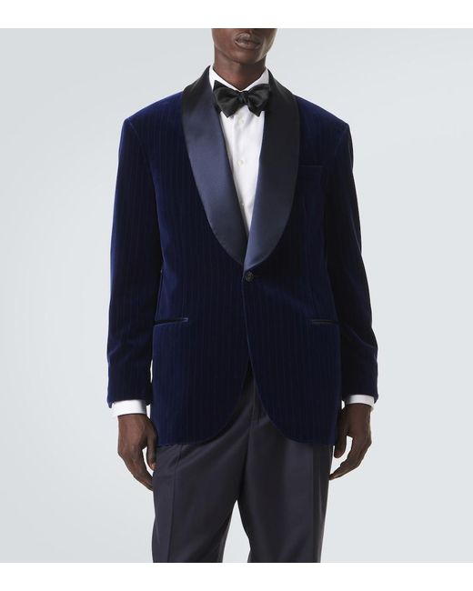 Brunello Cucinelli Blue Pinstripe Cotton Velvet Tuxedo Jacket for men