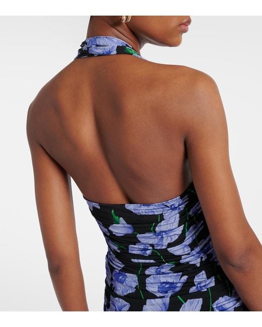 Carolina Herrera Blue Floral Gathered Midi Dress