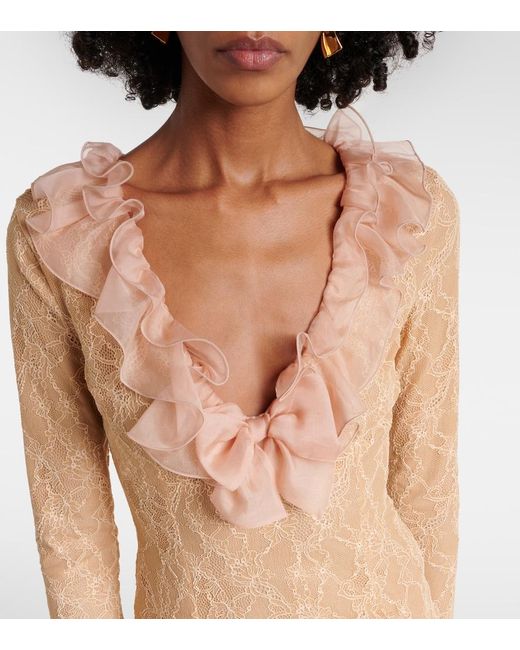 Alessandra Rich Natural Ruffled Lace Midi Dress