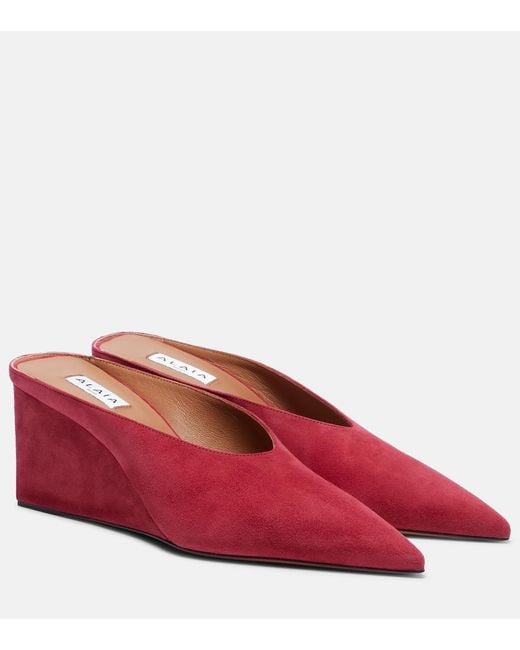 Alaïa Red Cube 75 Suede Wedge Mules