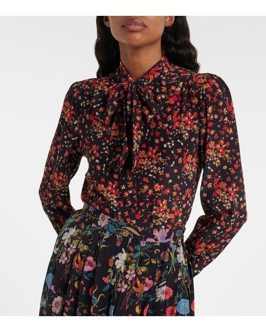 Gucci Red Bow-Detail Floral Silk Blouse