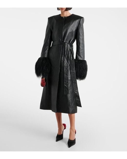 Magda Butrym Black Shearling-Trimmed Leather Coat