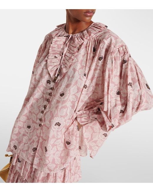 Zimmermann Pink Ottie Ruffled Floral Cotton Top