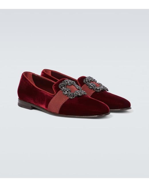 Manolo Blahnik Red Carlton Embellished Velvet Loafers for men