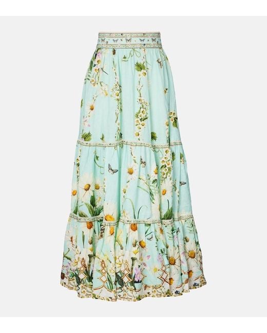 Camilla Green Floral Tiered Linen Maxi Skirt