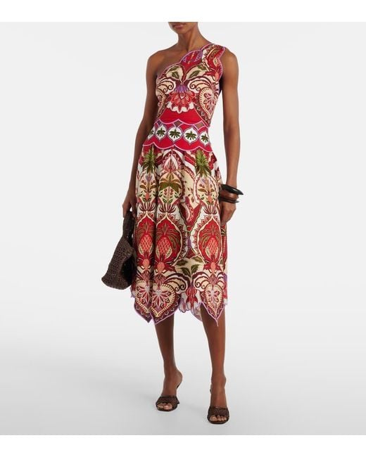 Farm Rio Red Odara One-Shoulder Linen-Blend Top