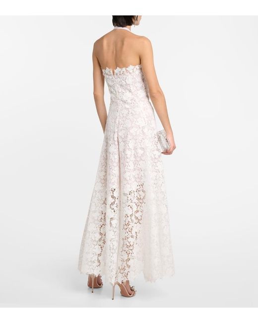 Oscar de la Renta White Floral-Applique Guipure Lace Gown