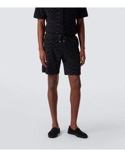 Frescobol Carioca Black Embroidered Cotton-Blend Terry Shorts for men