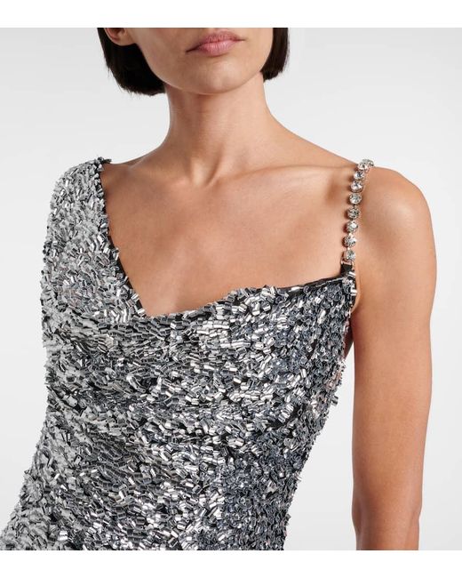Area Gray One-Shoulder Sequined Gown